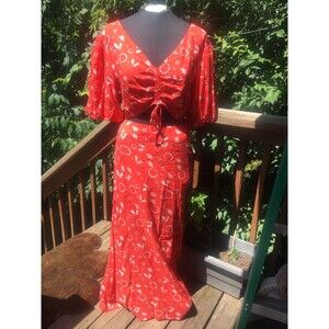 NWT Free People Cherry Combo Set Crop Top Hi Waist Skirt Red Sz 8 $148 Rare Red